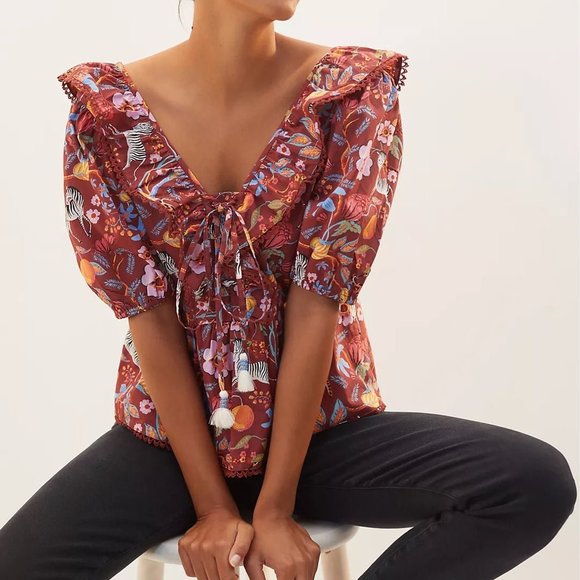 Anthropologie Tops - Anthro Maeve Ruffled Tie Front Animal Print Blouse